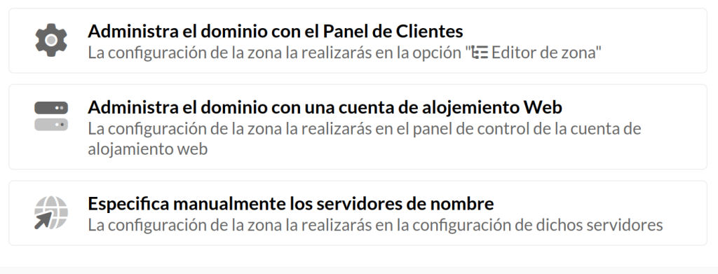 Selectiro de tipo de servidores de nombre que administrarán el dominio.